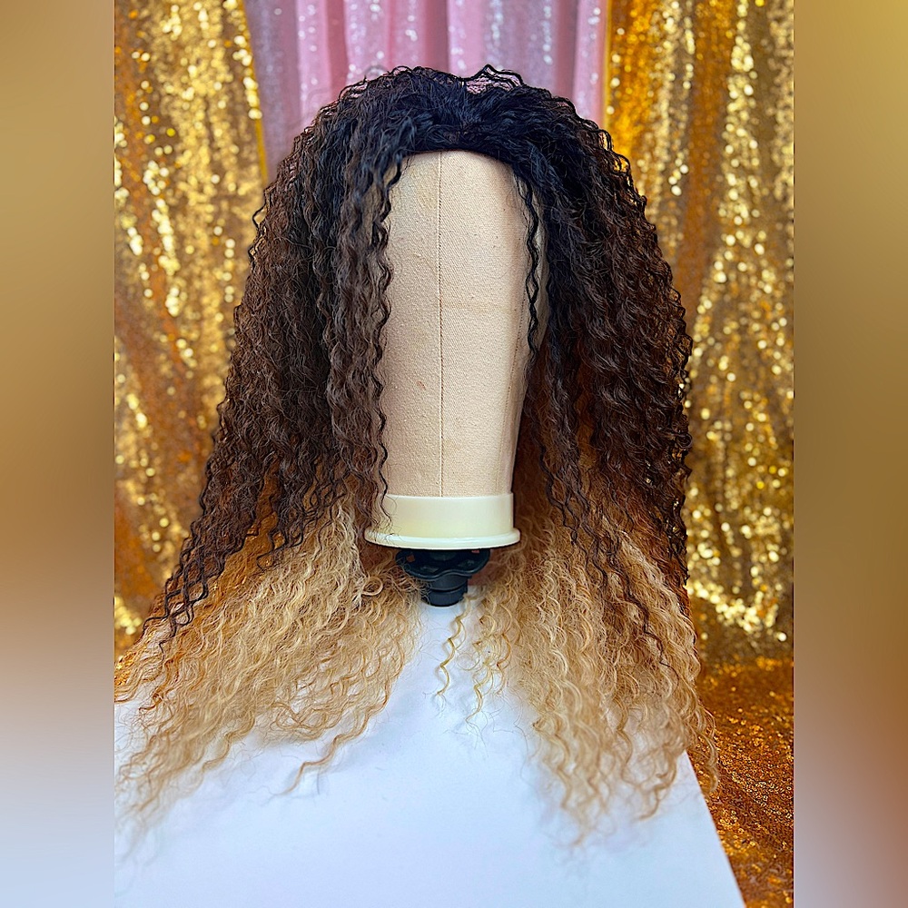 Caramel Brownie - Triple Tone Layer Crimp Waves Premium Fiber Synthetic Half Wig